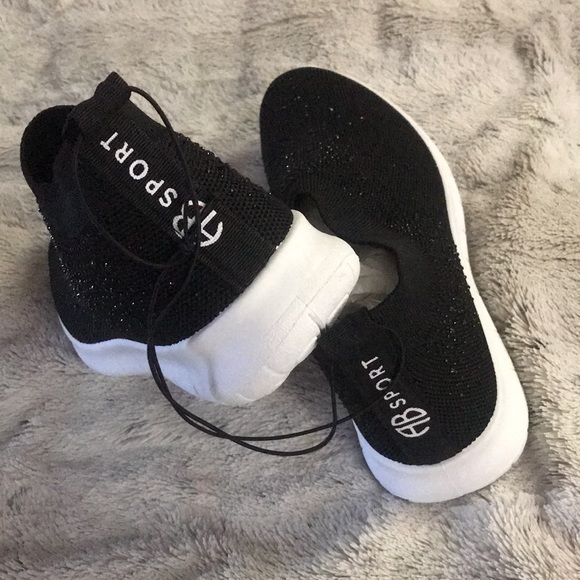 Black rhinestone sneakers knit sock style pull on elastic ankle 7 8 8.5 11 NEW - Picture 3 of 7